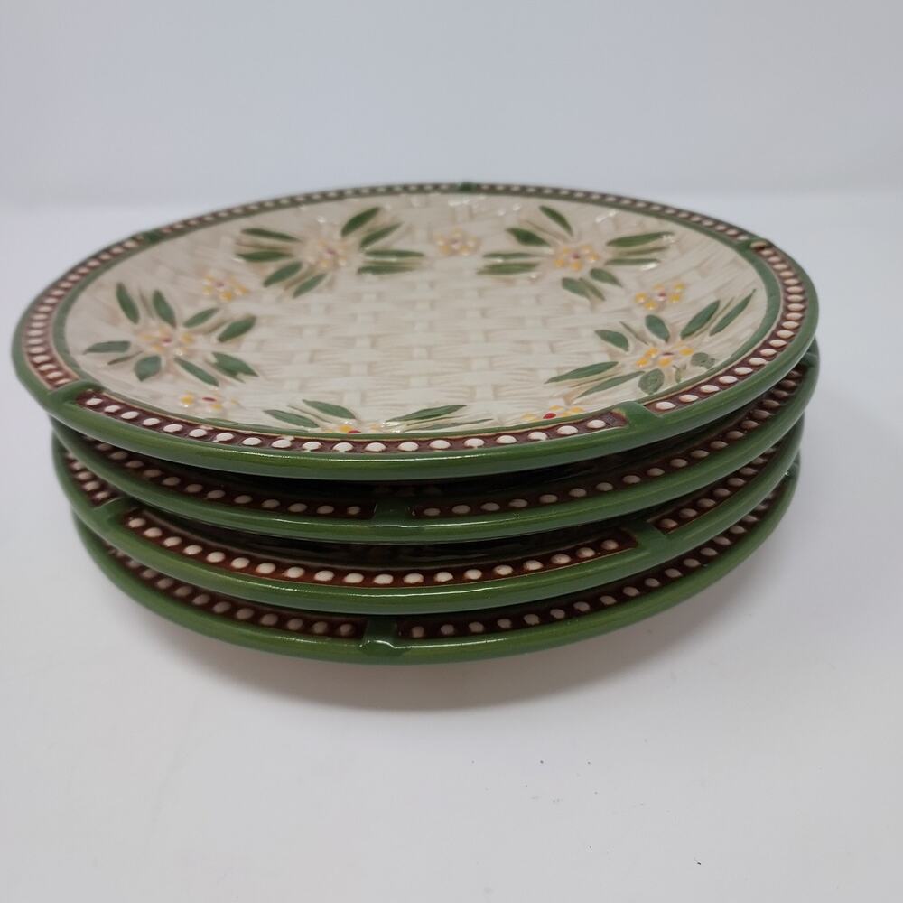 Temptations Old World Green Basketweave Set 4 Bread Appetizer Plates 7" Retired